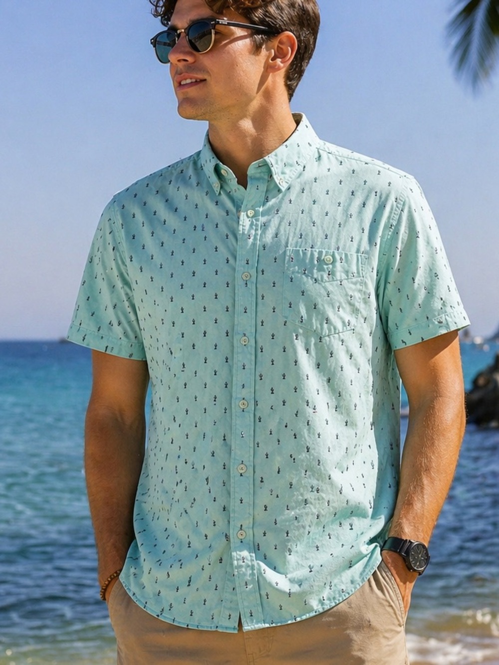 Free Planet Mint Cactus Print Shirt Men’s L Summer Beach Button Up